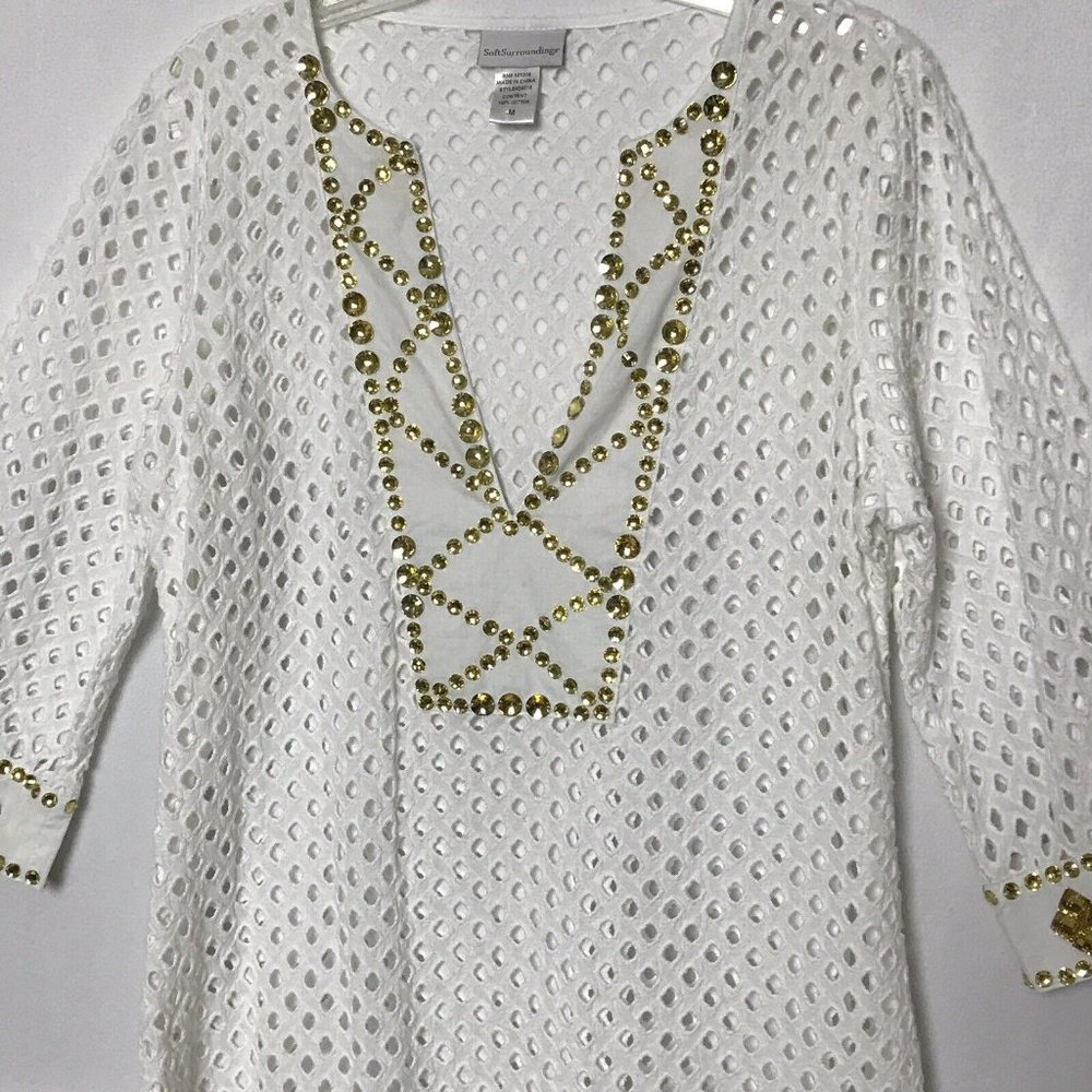 Soft Surroundings Swimsuit Cover up Medium White Eyelet Gold Jewe…